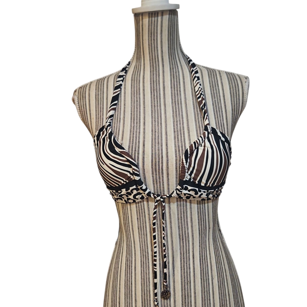BLUE RODBEATTIE Woman Zebra Print Halter Neck Tied Neck Back  Bikini Top Size 4